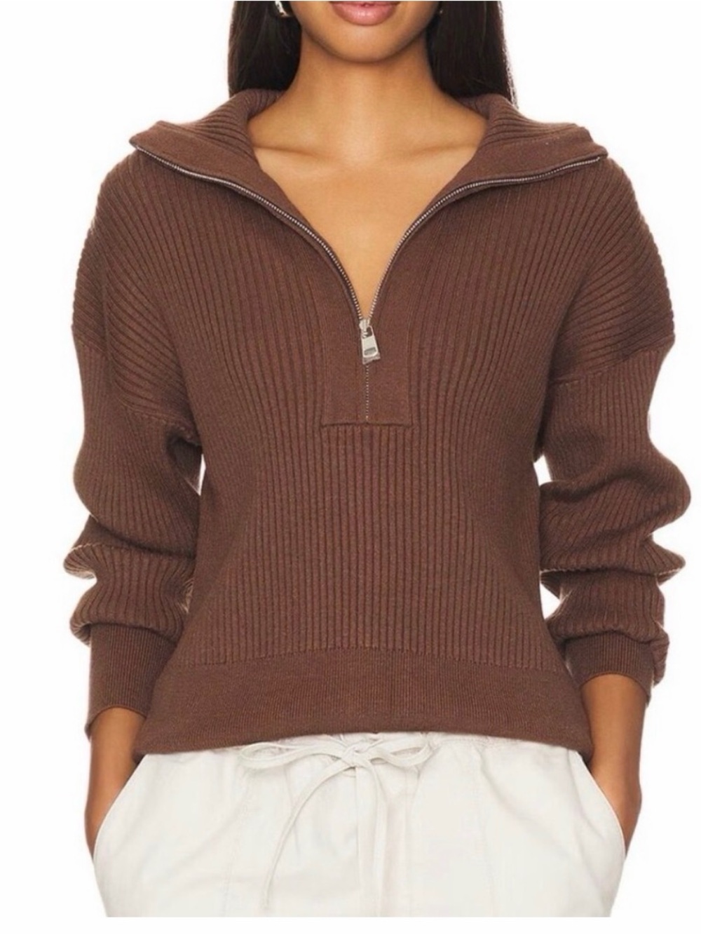 Varley Vine Ribbed Half-Zip Sweater in Brown - L